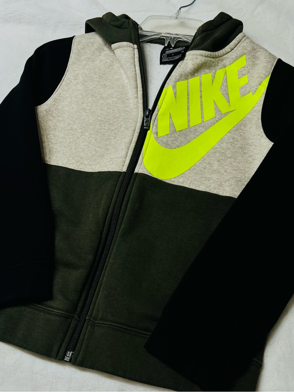 Nike Olive, Black & Gray Kids Full-Zip Hoodie with Neon Yellow Logo